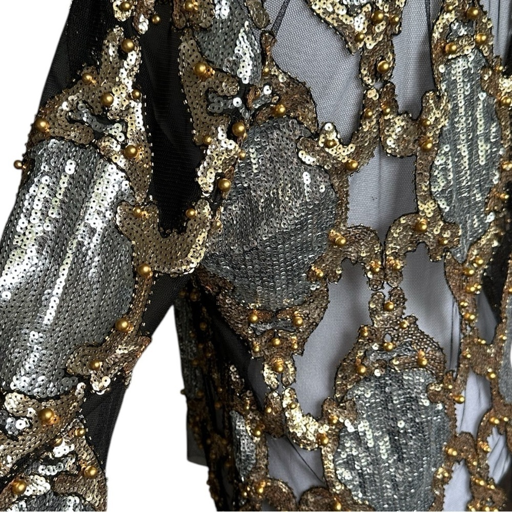 Sequin Lace Mesh Long Sleeve Shirt Top O-Neck - Picture 4 of 8